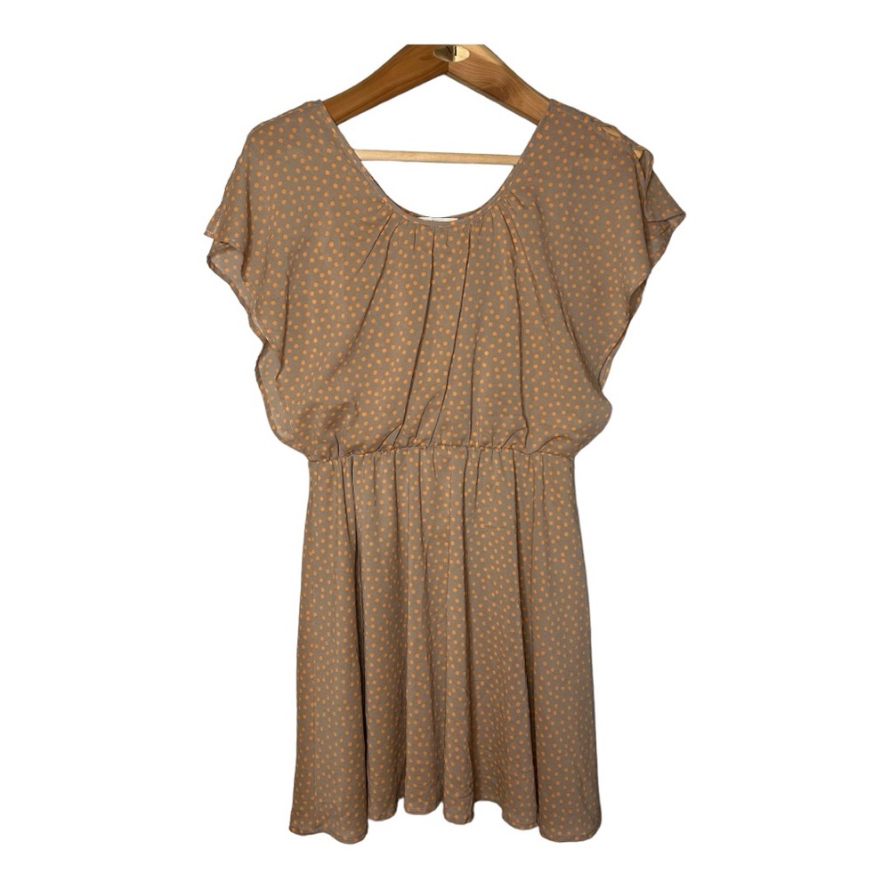 Bar III Dress Medium Blouson Mini Orange Beige Dot Short Sleeve  Lined
